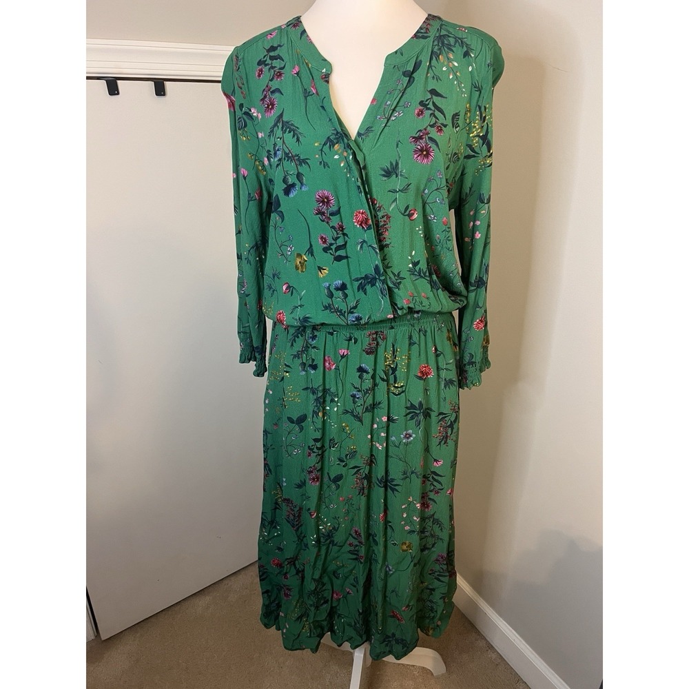 Joules Dress Women's 10 Green Floral 3/4 Sleeve Elastic Waist Maxi Whimsy